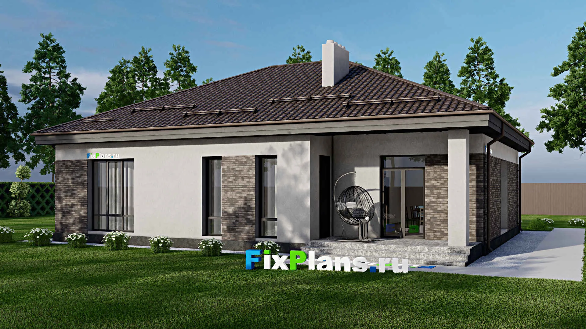 F-2123 - Проект одноэтажного дома 13 на 16, площадью 170 м² с террасой и 3 спальнями