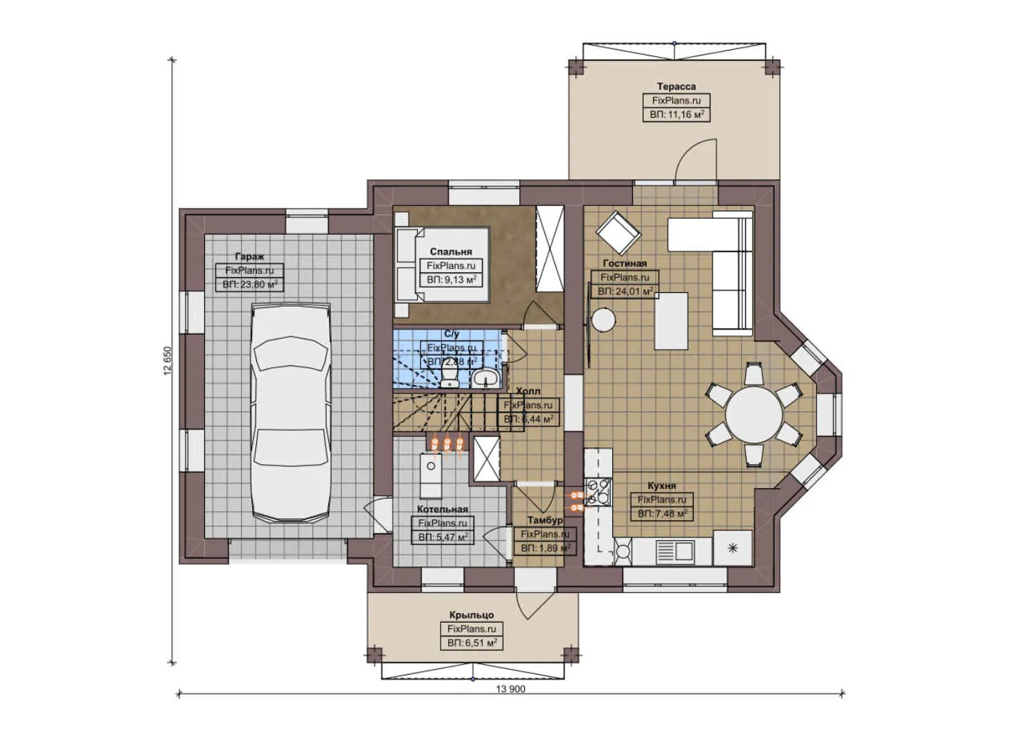 F-5282 - Планы дома с мансардой 13 на 14, площадью 150 м² с террасой, гаражом на 1 машину и 4 спальнями