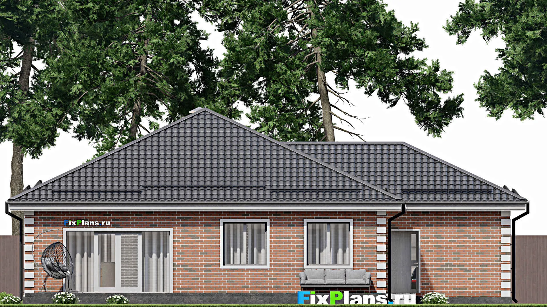 F-5471 - Проект одноэтажного дома 16 на 17, площадью 300 м² с террасой, цокольным этажом, гаражом на 2 машины и 3 спальнями