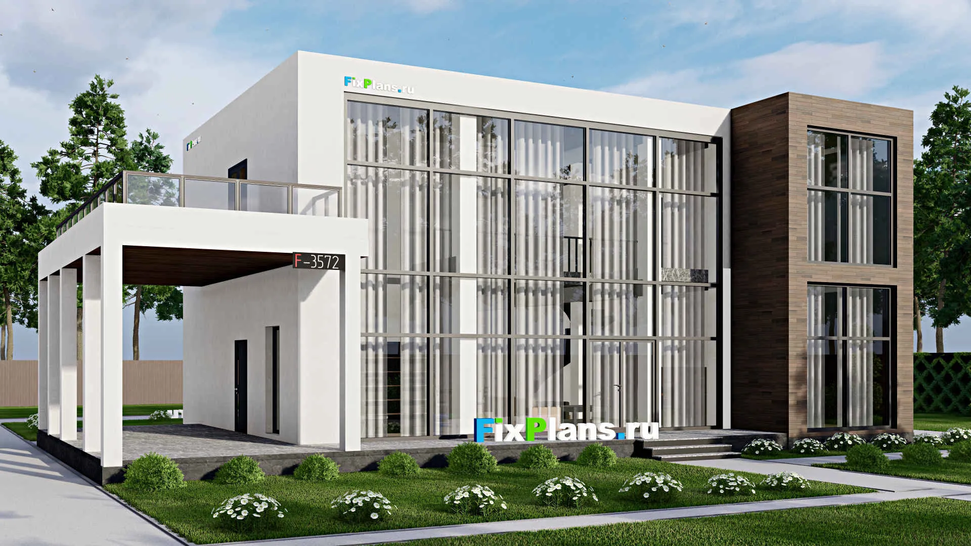 F-3572 - Проект двухэтажного дома 21 на 22, площадью 450 м² с террасой, баней, гаражом на 2 машины и 3 спальнями