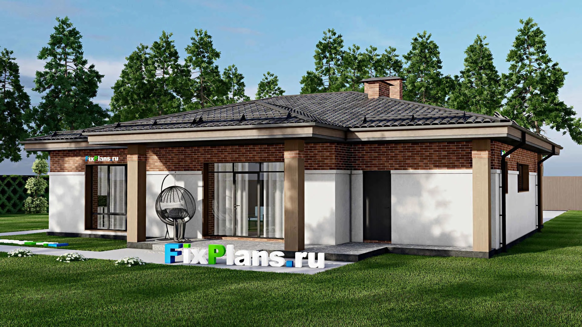 F-8045 - Проект одноэтажного дома 13 на 16, площадью 170 м² с террасой, гаражом на 1 машину и 3 спальнями