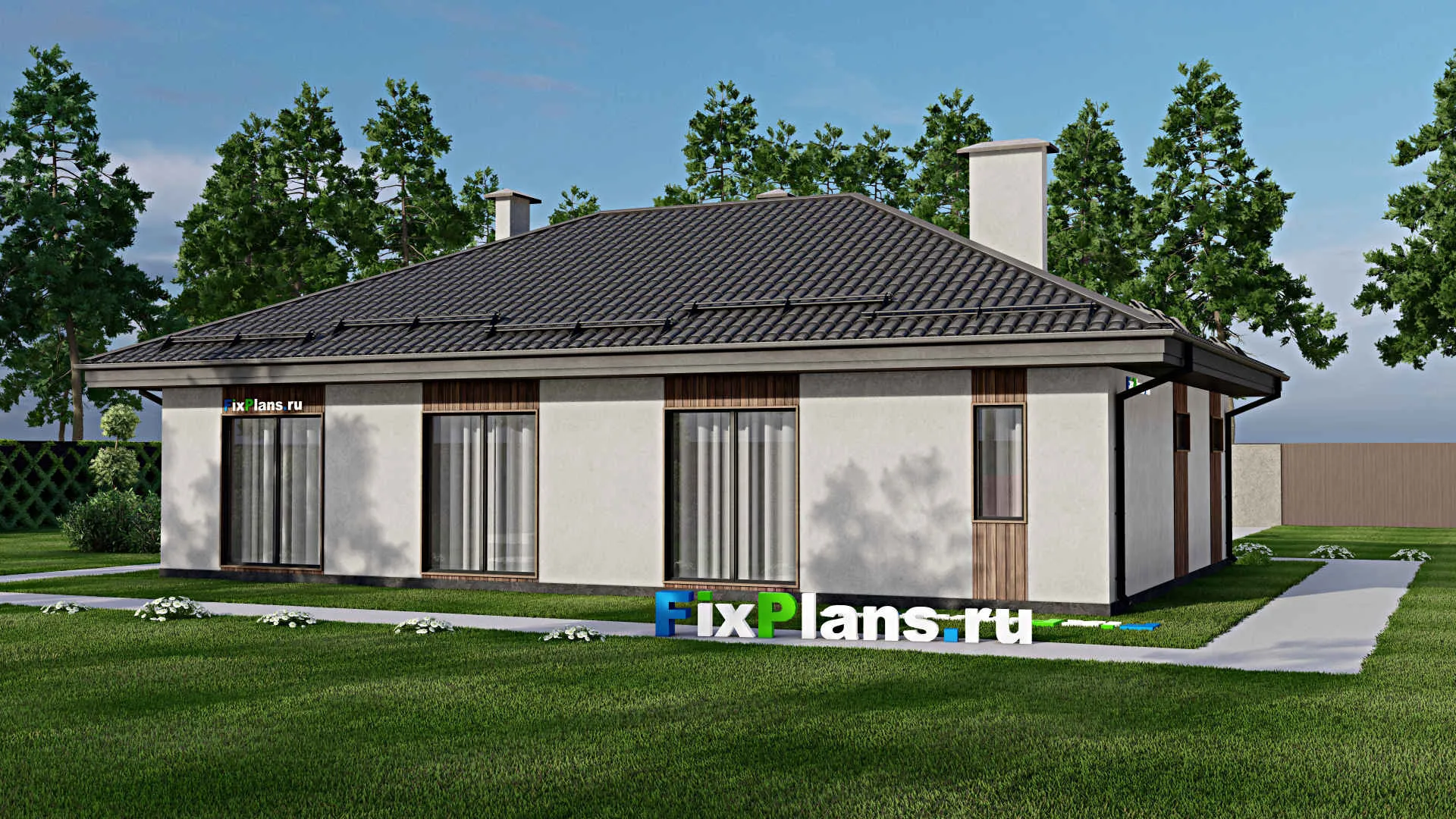 F-3590 - Проект одноэтажного дома 11 на 16, площадью 130 м² с гаражом на 2 машины и 2 спальнями