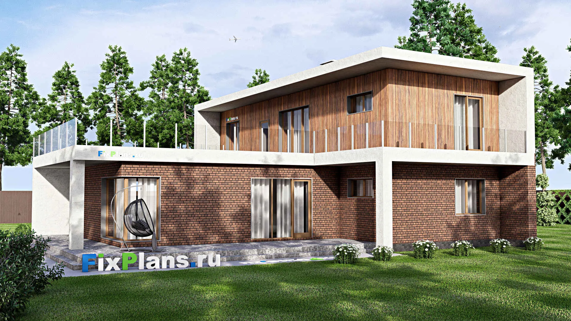 F-15029 - Проект двухэтажного дома 18 на 19, площадью 380 м² с террасой, балконом, гаражом на 1 машину и 4 спальнями