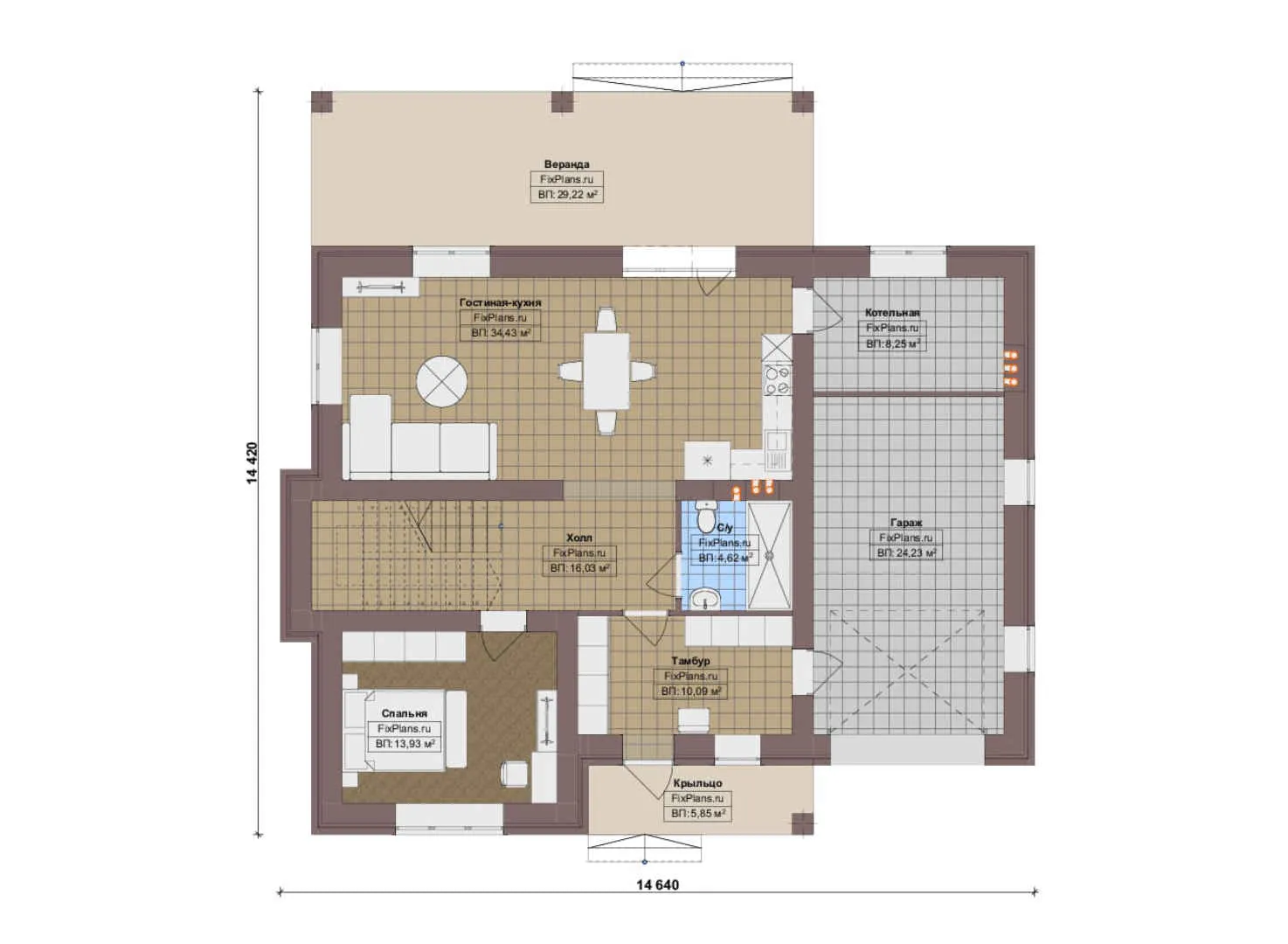 F-19088 - Планы двухэтажного дома 15 на 15, площадью 220 м² с террасой, гаражом на 1 машину и 4 спальнями