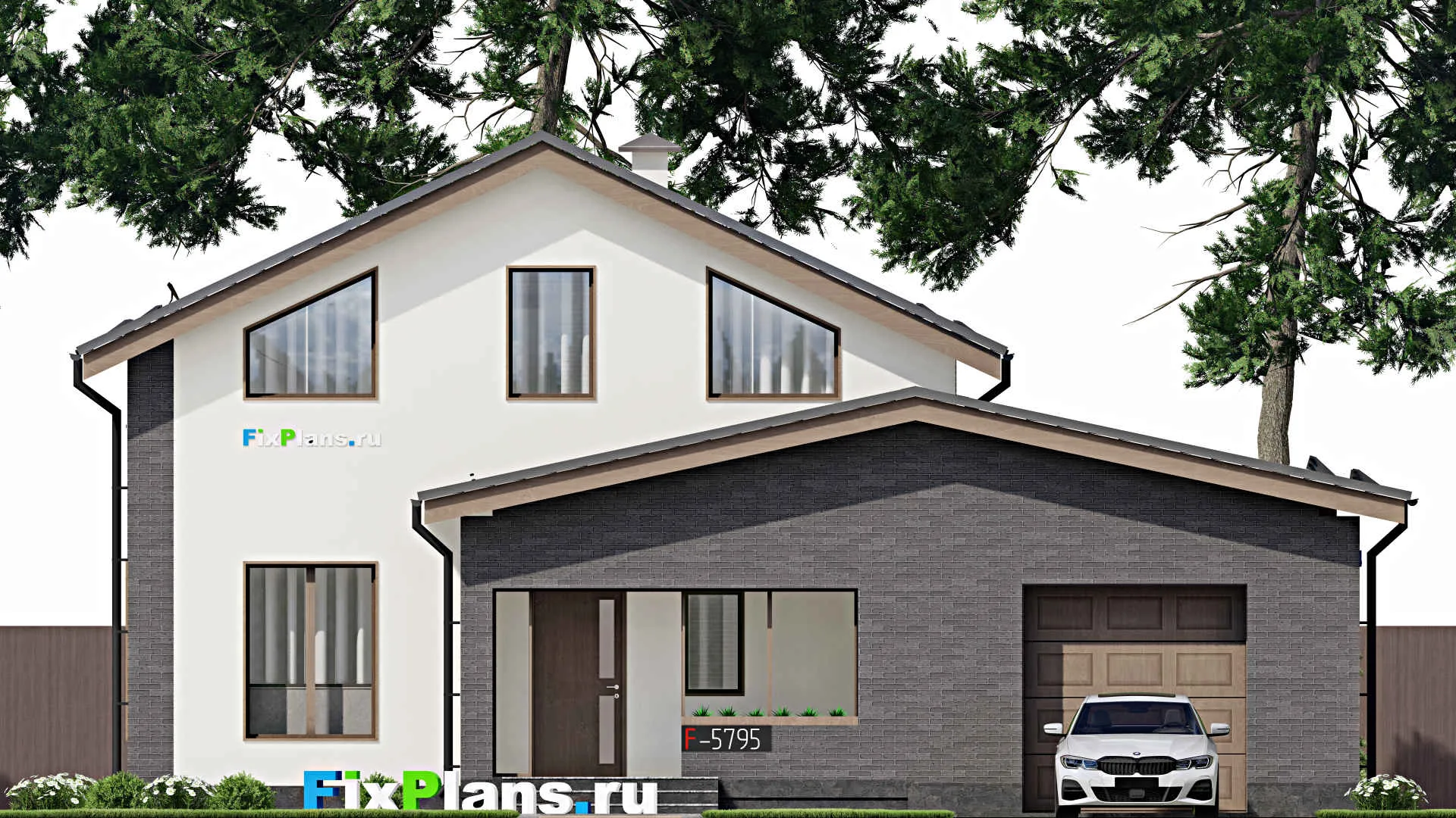 F-5795 - Проект дома с мансардой 11 на 14, площадью 150 м² с гаражом на 1 машину и 3 спальнями
