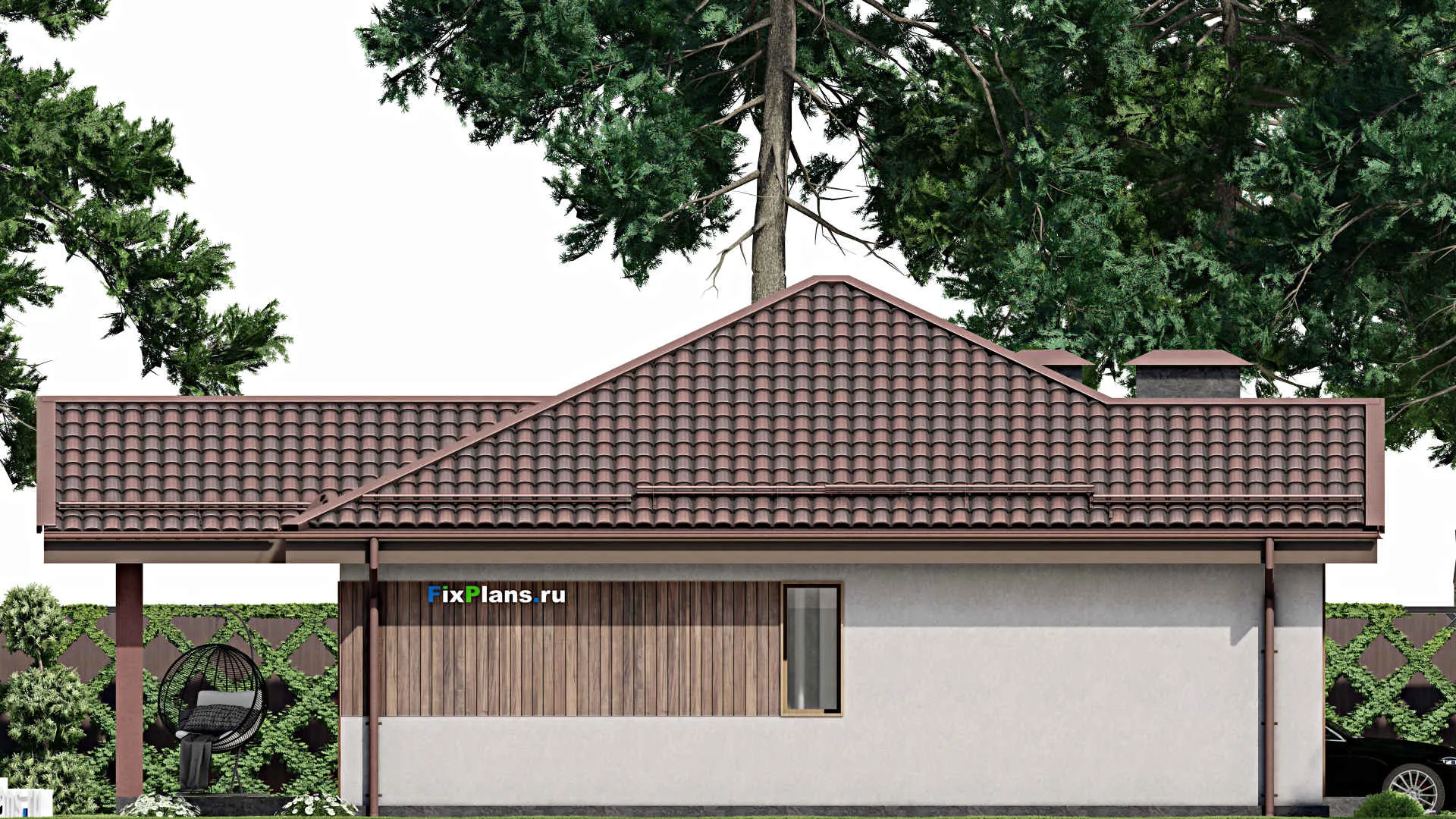 F-7415 - Проект одноэтажного дома 11 на 11, площадью 100 м² с террасой и 2 спальнями