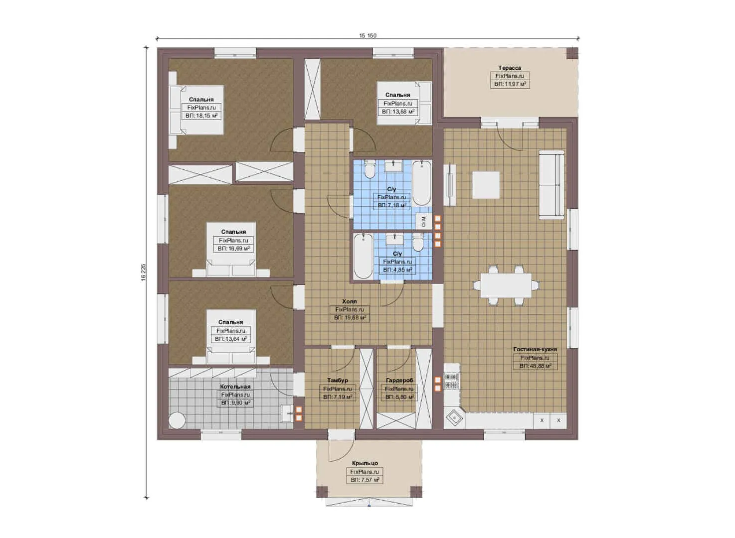 F-14345 - План одноэтажного дома 16 на 17, площадью 190 м² с террасой и 4 спальнями