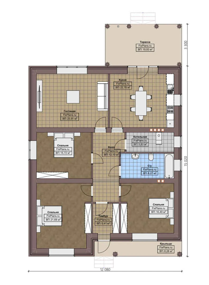 F-3212 - План одноэтажного дома 13 на 16, площадью 160 м² с террасой и 3 спальнями