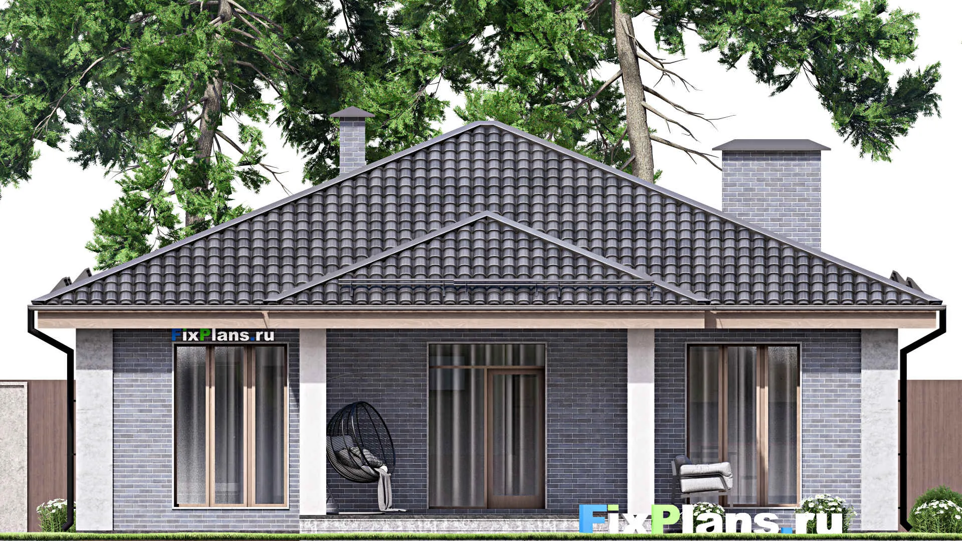 F-12797 - Проект одноэтажного дома 13 на 15, площадью 130 м² с террасой и 3 спальнями