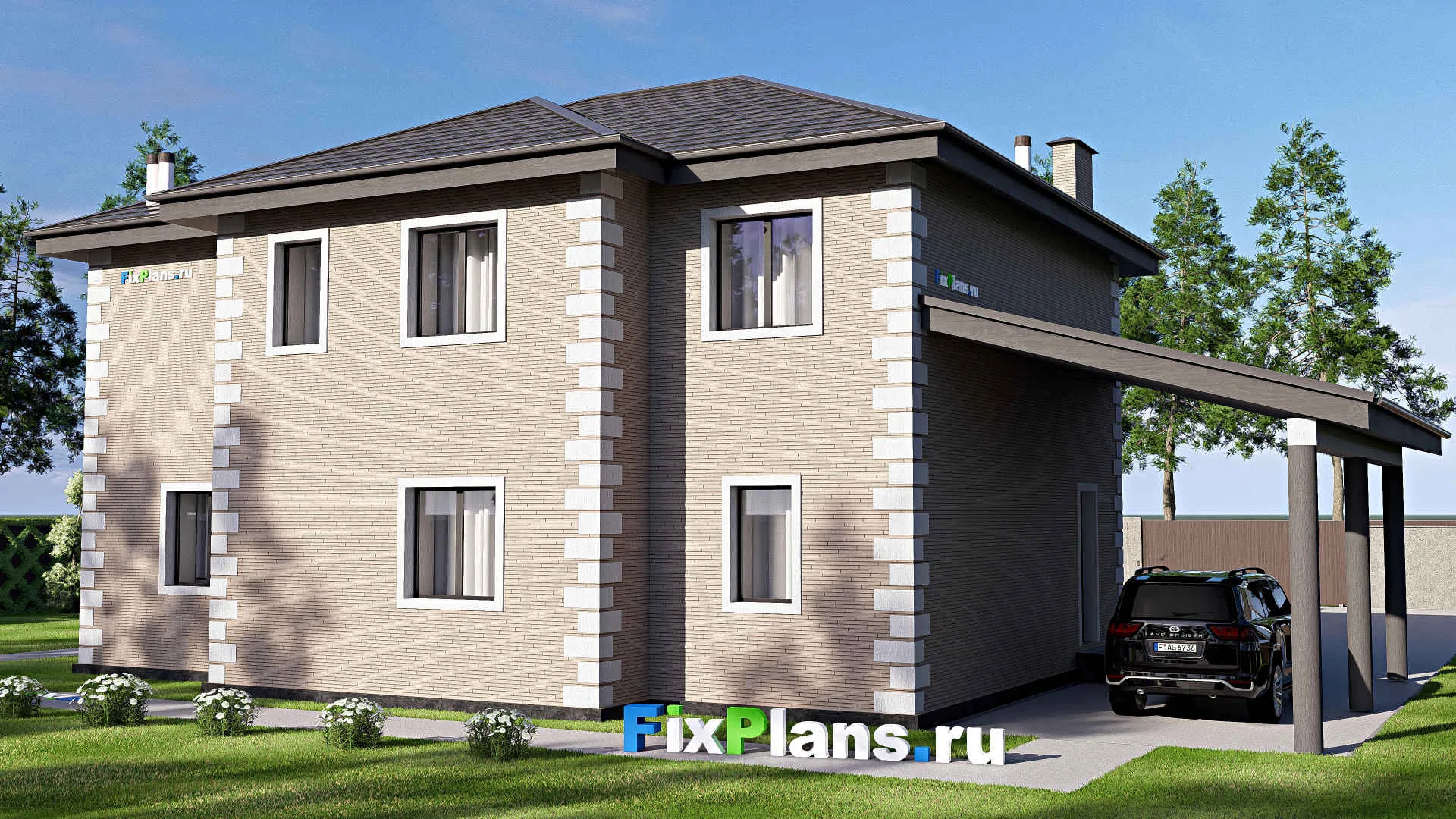 F-20519 - Планы двухэтажного дома 14 на 18, площадью 250 м² с террасой, балконом и 5 спальнями