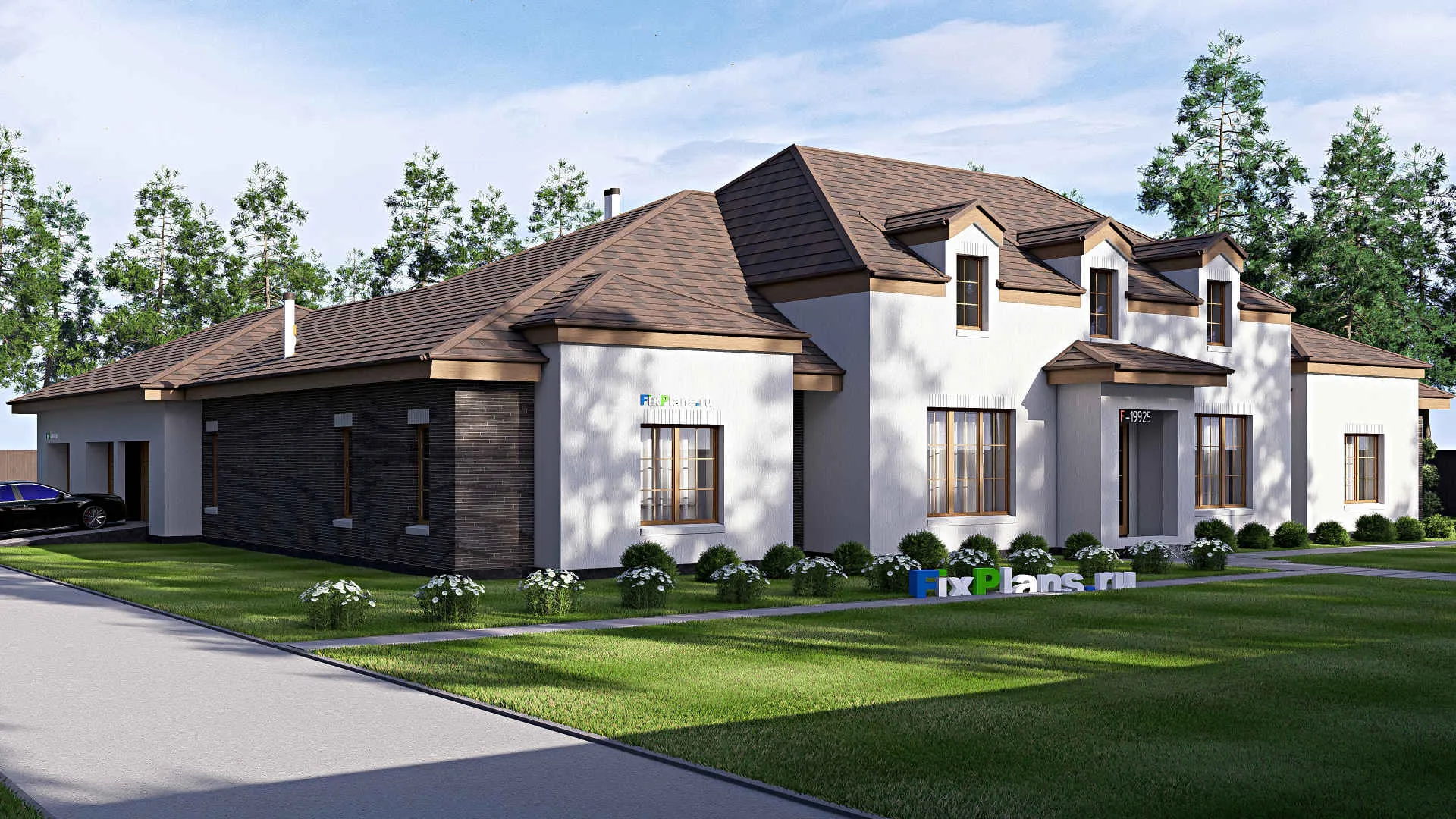 F-19925 - Проект одноэтажного дома 31 на 31, площадью 470 м² с террасой, гаражом на 2 машины и 4 спальнями