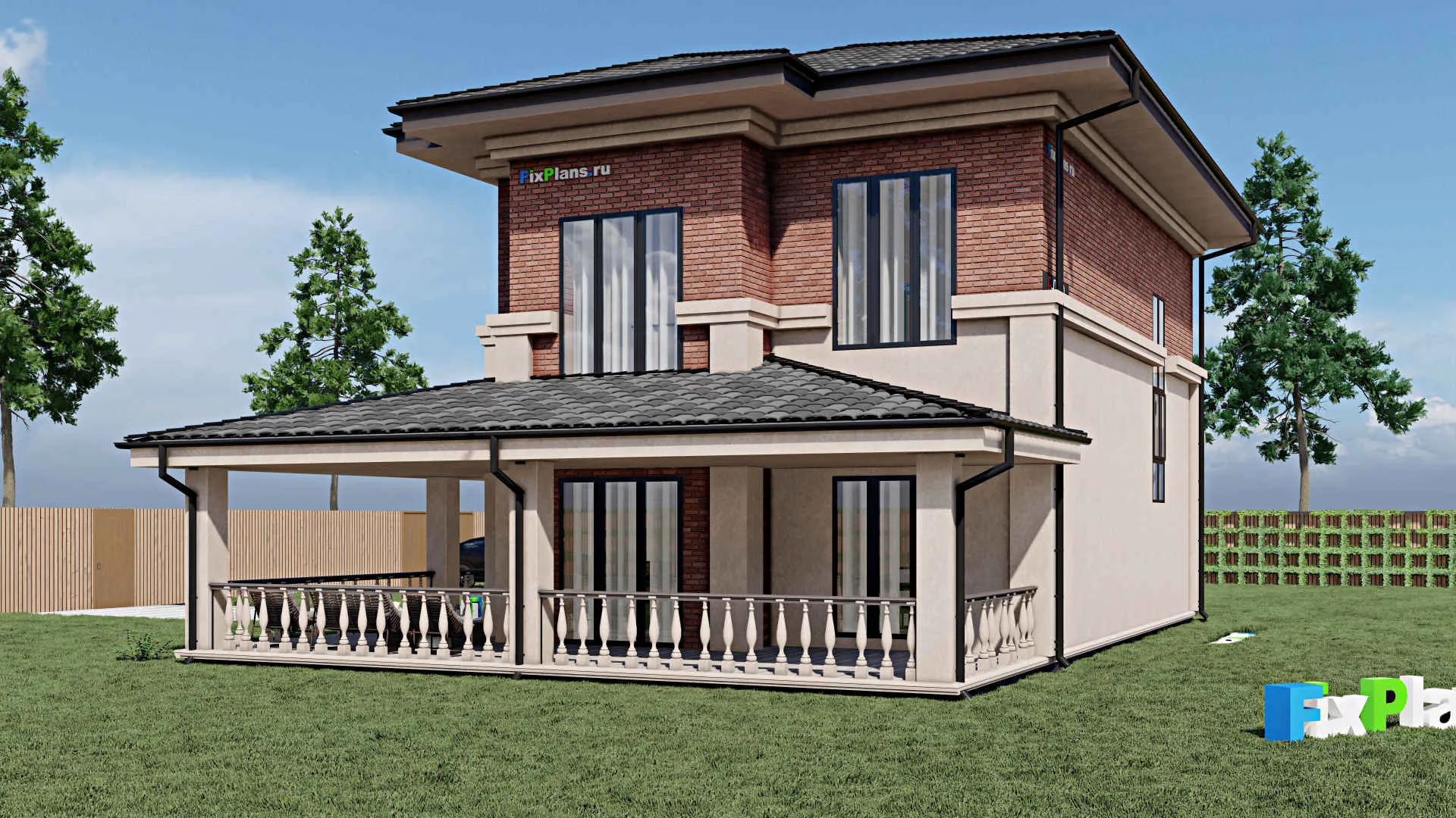 F-0170 - Проект двухэтажного дома 11 на 13, площадью 240 м² с террасой и 2 спальнями