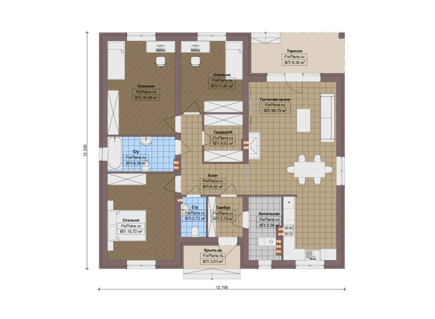 F-17891 - План одноэтажного дома 13 на 13, площадью 130 м² с террасой и 3 спальнями