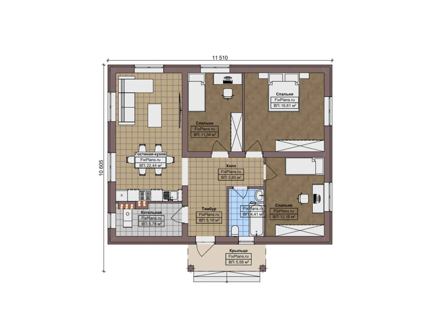 F-8999 - План одноэтажного дома 11 на 12, площадью 90 м² с 3 спальнями
