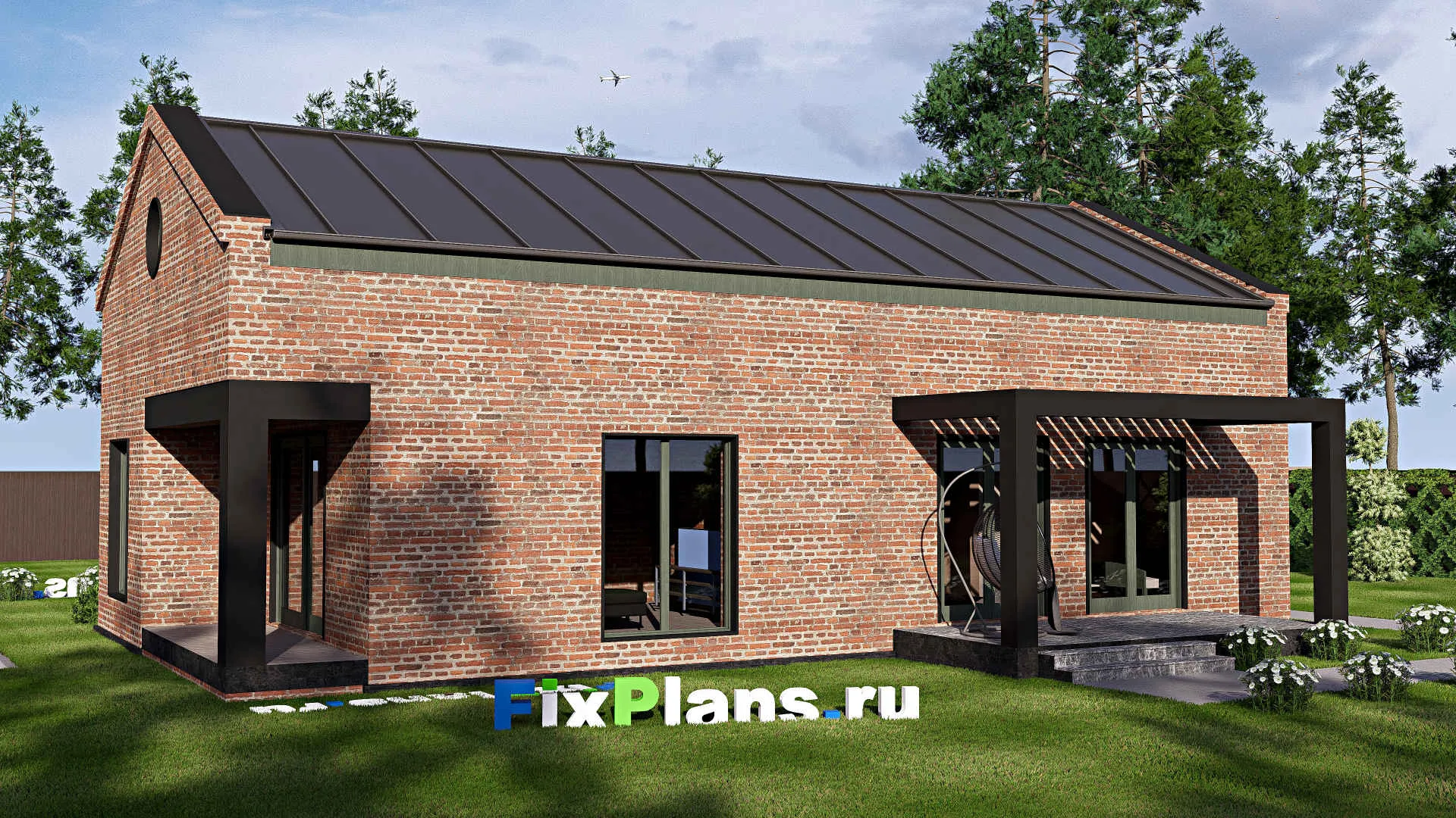 F-18458 - Проект одноэтажного дома 15 на 16, площадью 150 м² с террасой и 3 спальнями