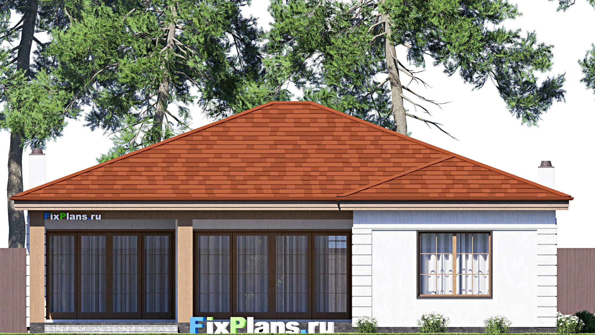 F-17270 - Проект одноэтажного дома 15 на 24, площадью 240 м² с террасой, гаражом на 2 машины и 4 спальнями