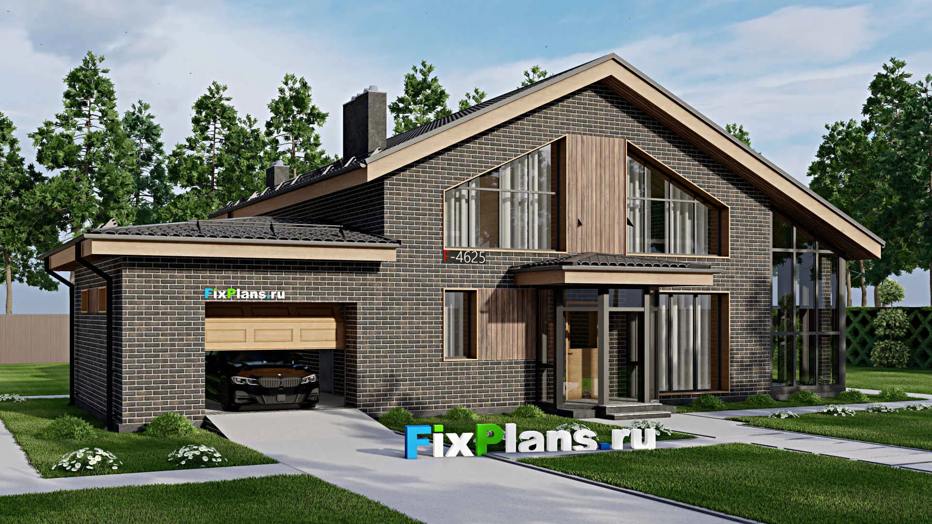 F-4625 - Проект дома с мансардой 13 на 18, площадью 230 м² с террасой, балконом, баней, гаражом на 1 машину и 3 спальнями