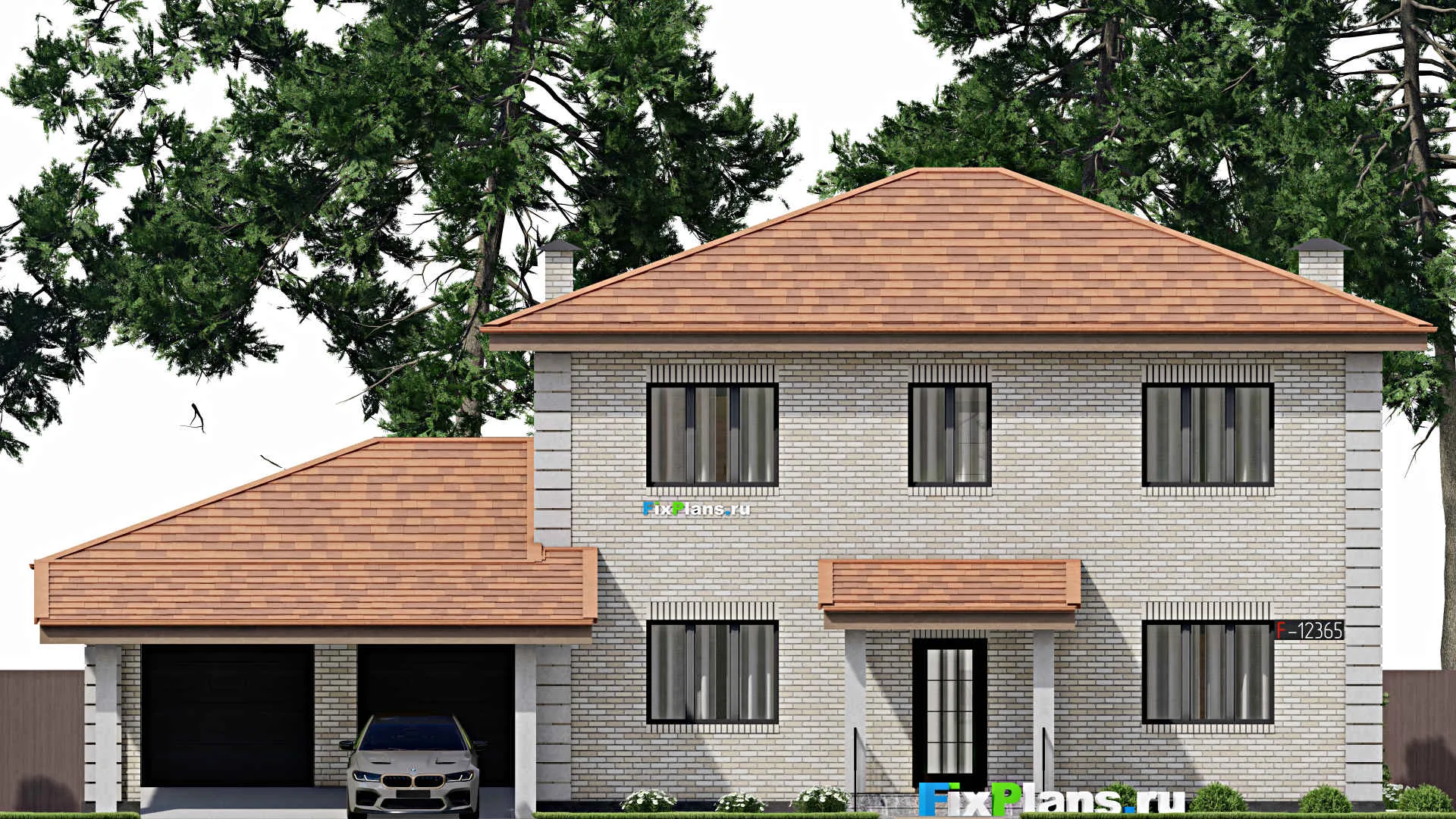 F-12365 - Проект двухэтажного дома 15 на 19, площадью 260 м² с террасой, гаражом на 1 машину и 4 спальнями