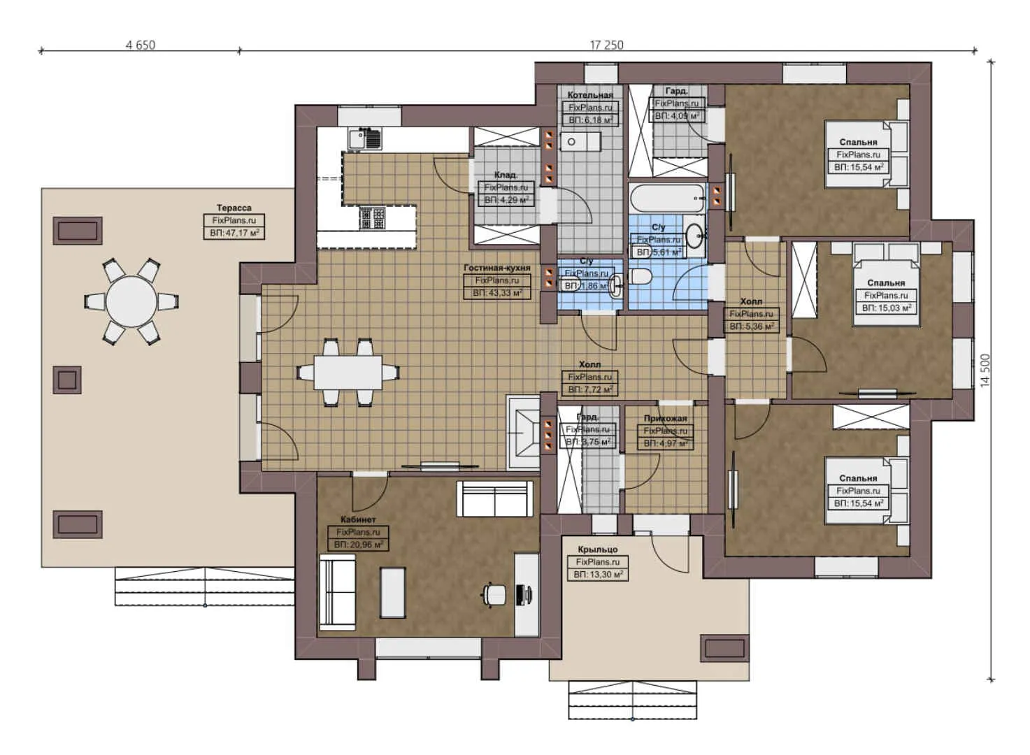 F-0575 - План одноэтажного дома 15 на 18, площадью 220 м² с террасой и 3 спальнями