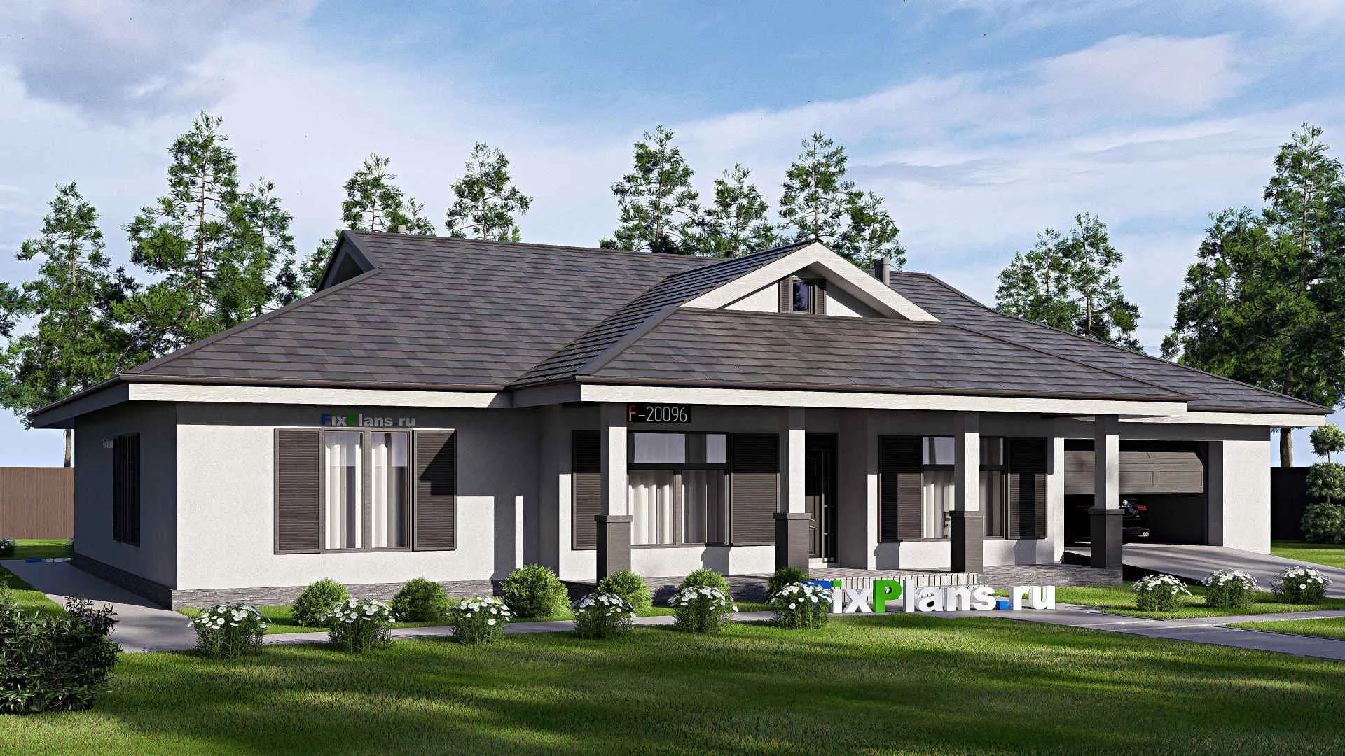 F-20096 - Проект одноэтажного дома 20 на 24, площадью 320 м² с террасой, гаражом на 2 машины и 5 спальнями