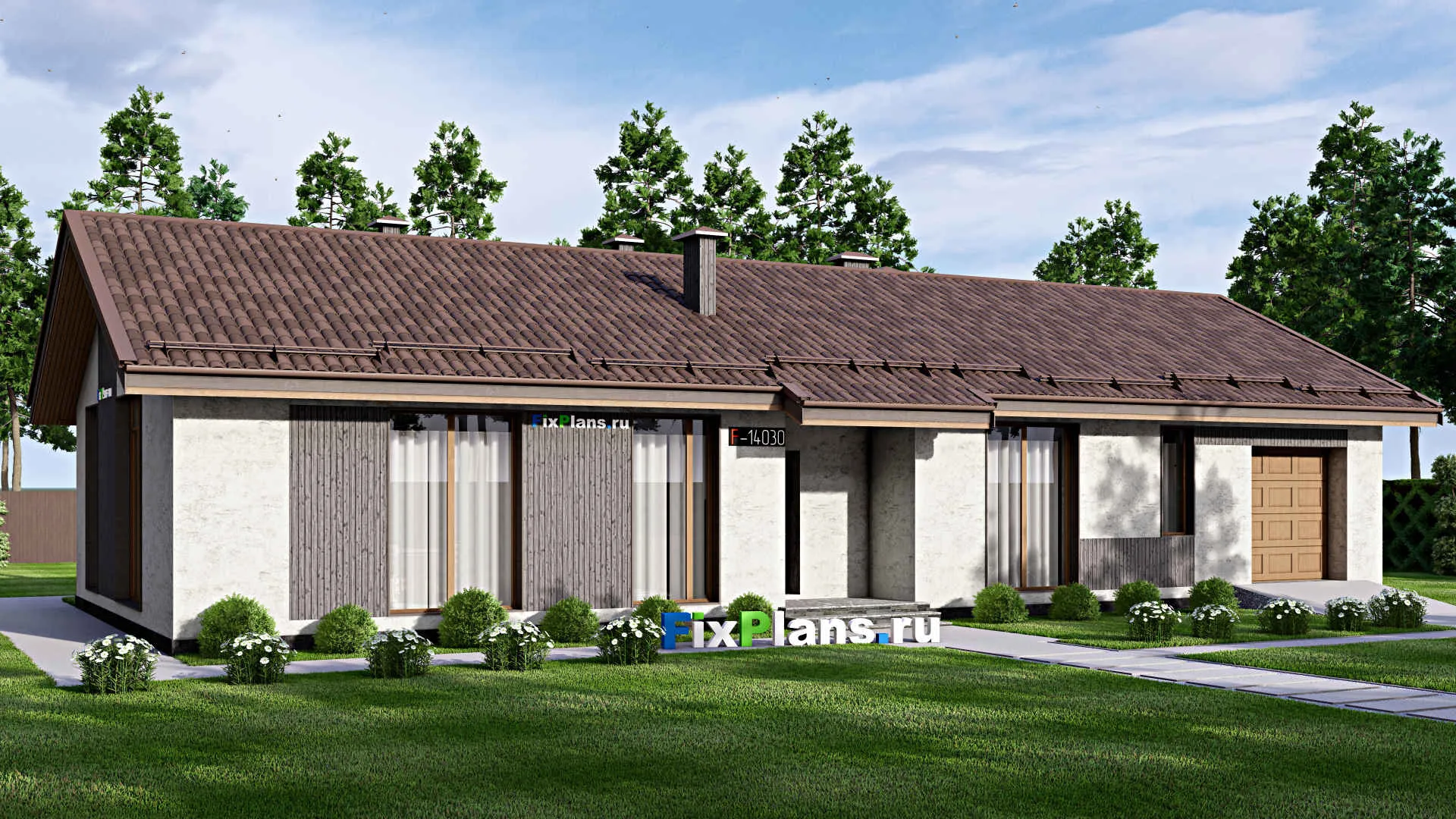 F-14030 - Проект одноэтажного дома 13 на 23, площадью 190 м² с баней, гаражом на 1 машину и 2 спальнями