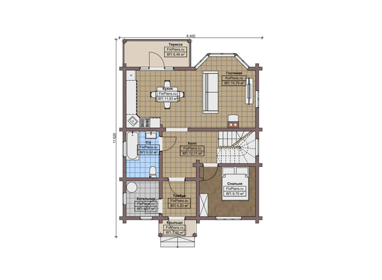 F-10124 - Планы дома с мансардой 9 на 12, площадью 140 м² с террасой, балконом и 4 спальнями