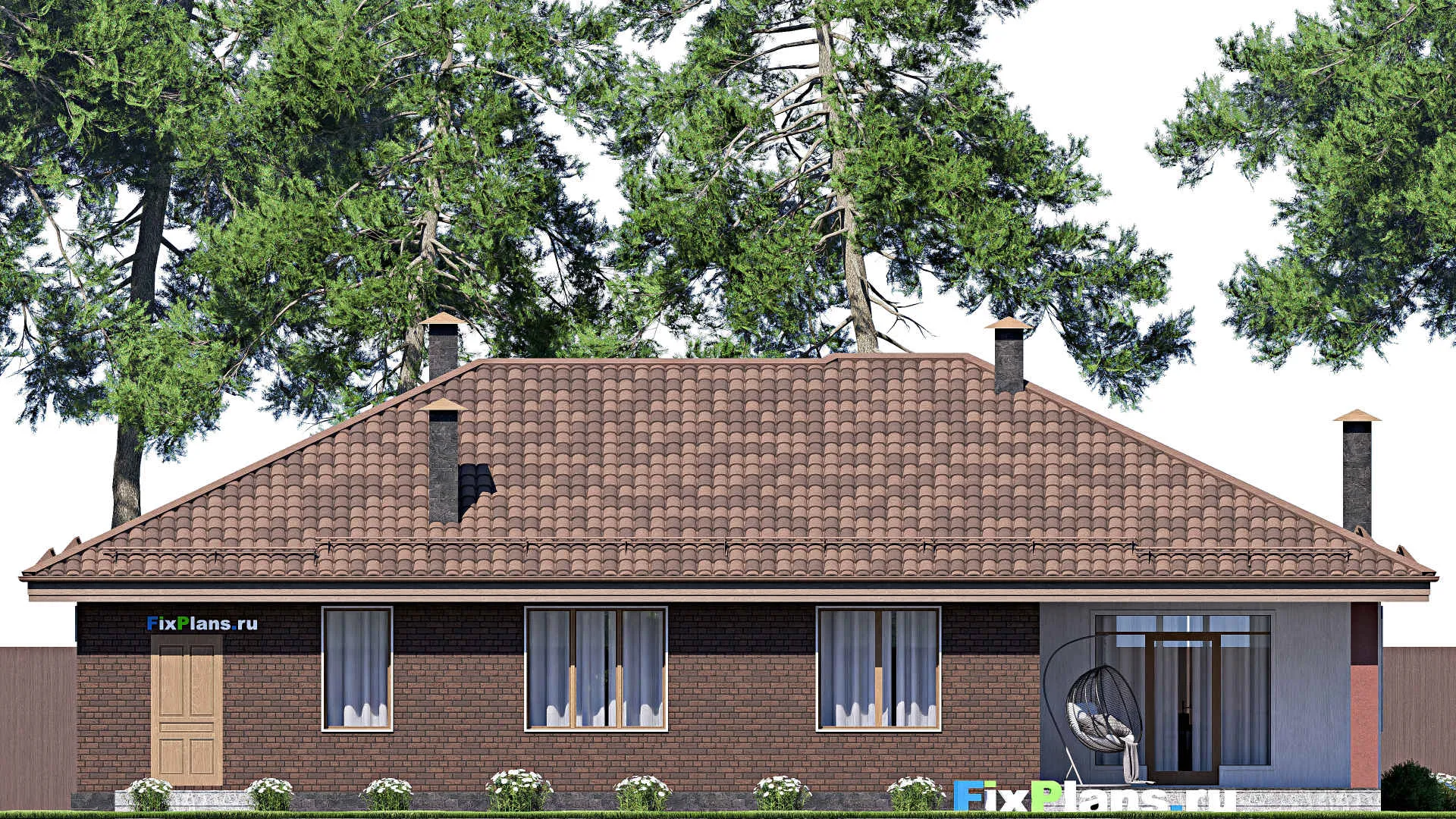 F-17333 - Проект одноэтажного дома 14 на 19, площадью 180 м² с террасой, гаражом на 2 машины и 3 спальнями