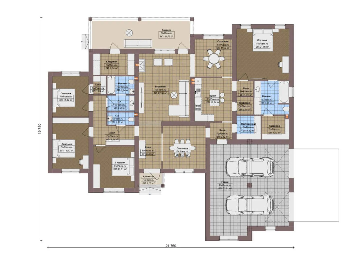 F-20663 - План одноэтажного дома 20 на 22, площадью 270 м² с террасой, гаражом на 2 машины и 4 спальнями