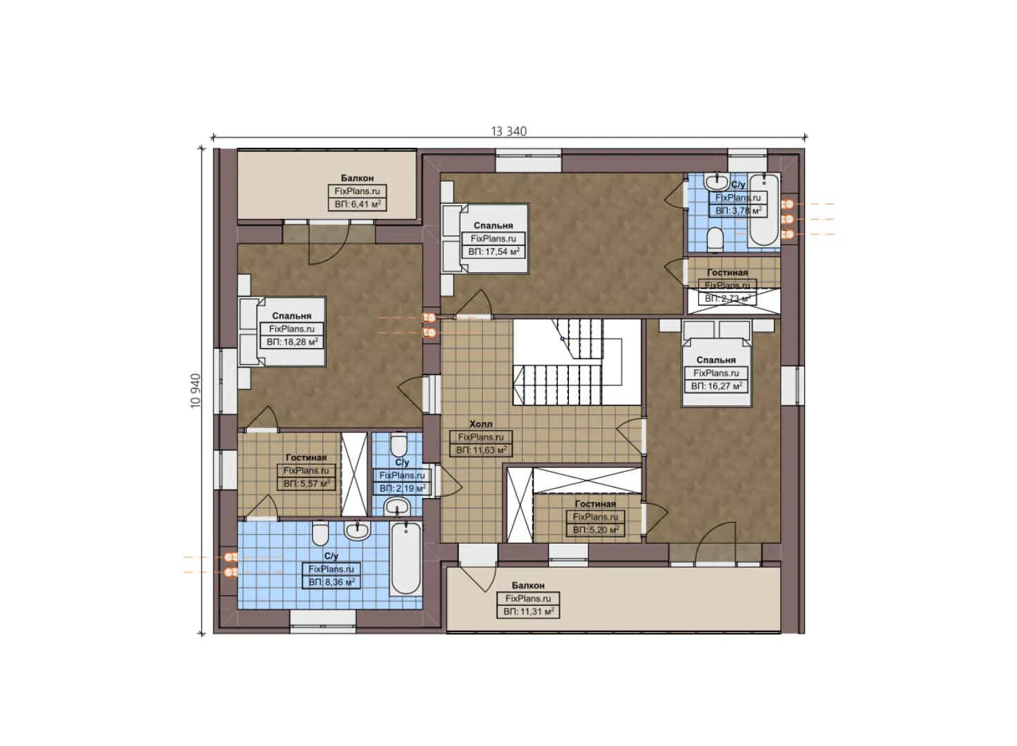 F-4742 - Планы двухэтажного дома 11 на 14, площадью 230 м² с балконом, гаражом на 1 машину и 4 спальнями