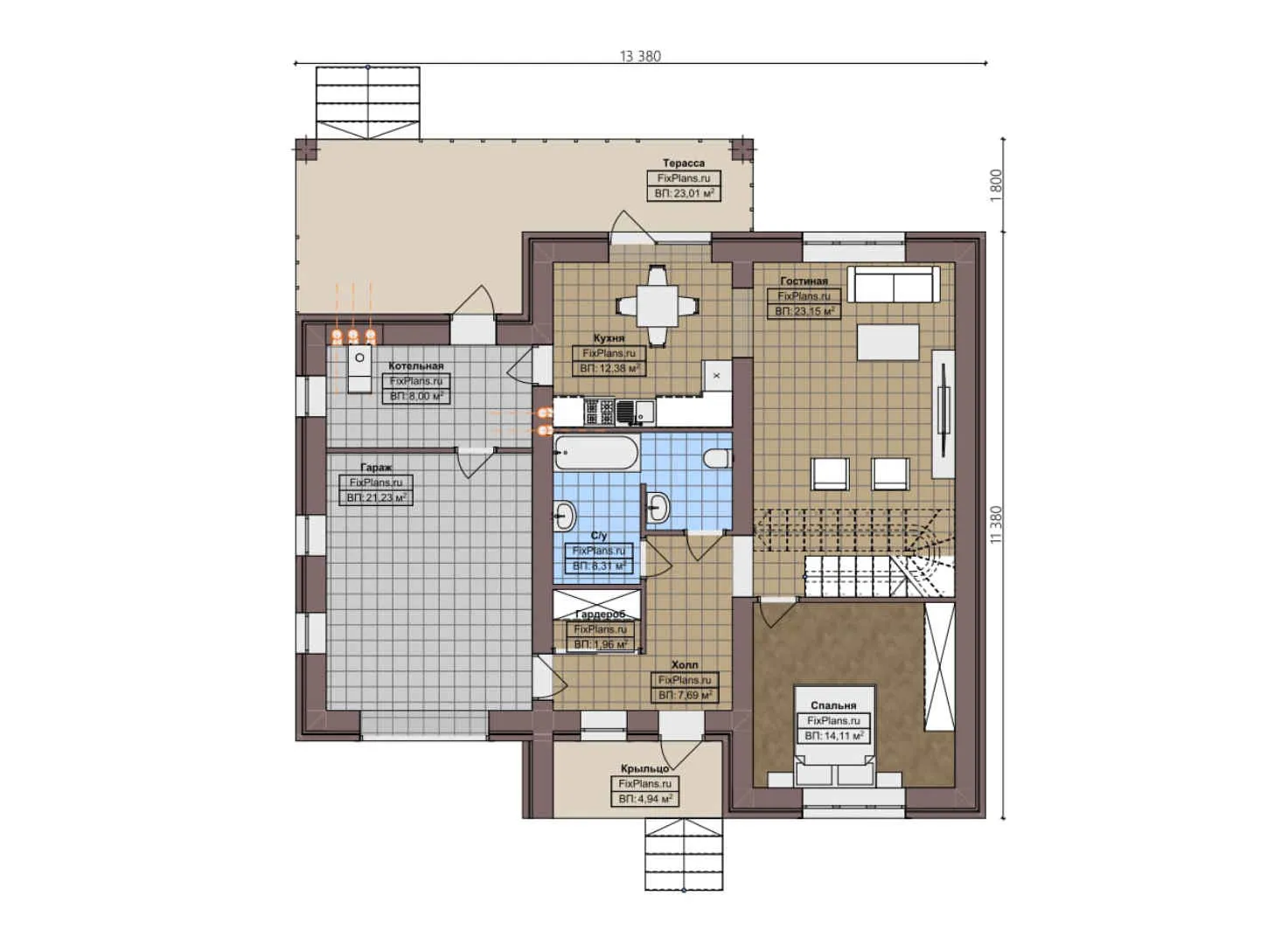 F-4688 - Планы дома с мансардой 12 на 14, площадью 200 м² с террасой, балконом, гаражом на 1 машину и 3 спальнями
