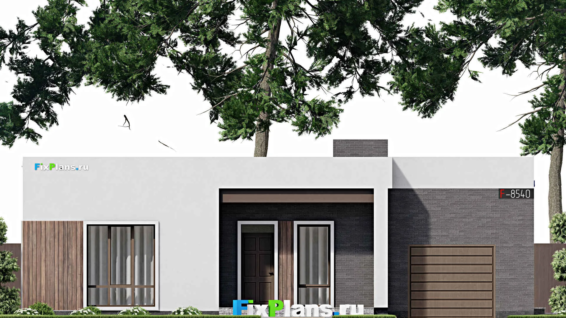 F-8540 - Проект одноэтажного дома 13 на 15, площадью 200 м² с террасой, гаражом на 1 машину и 3 спальнями
