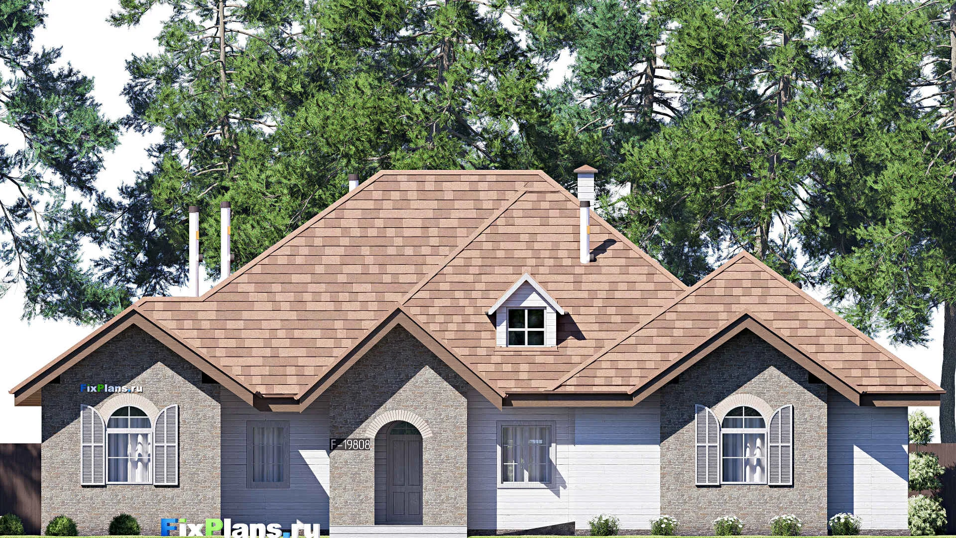 F-19808 - Проект дома с мансардой 22 на 23, площадью 330 м² с террасой, гаражом на 2 машины и 3 спальнями