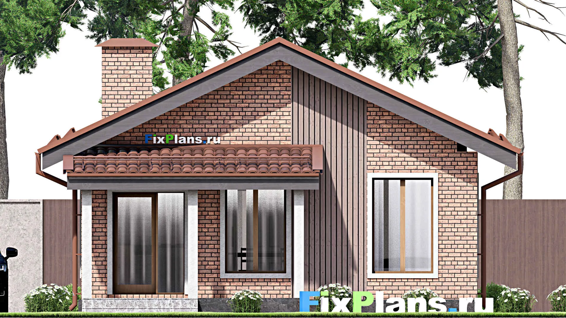 F-13310 - Проект одноэтажного дома 9 на 12, площадью 60 м² с террасой и 2 спальнями