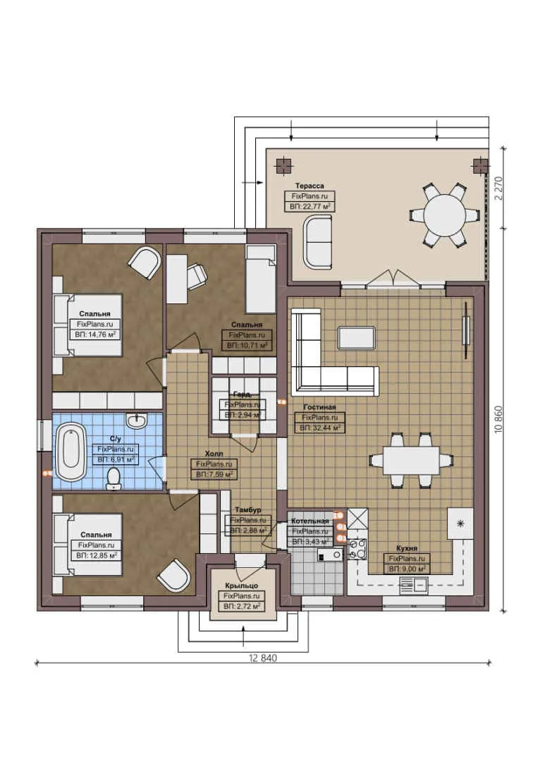 F-0881 - План одноэтажного дома 11 на 13, площадью 130 м² с террасой и 3 спальнями