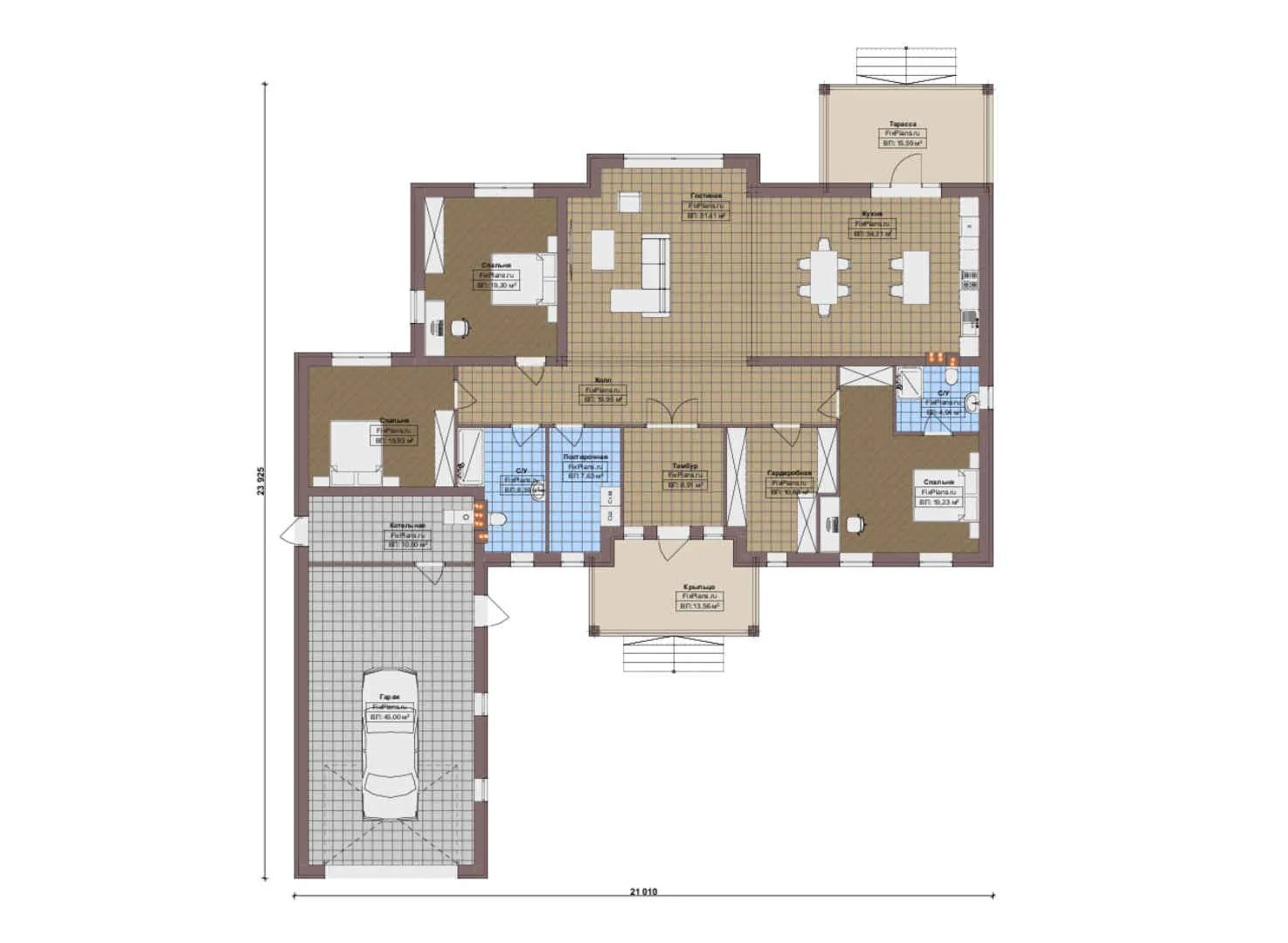 F-18674 - План одноэтажного дома 22 на 24, площадью 270 м² с террасой, гаражом на 2 машины и 3 спальнями
