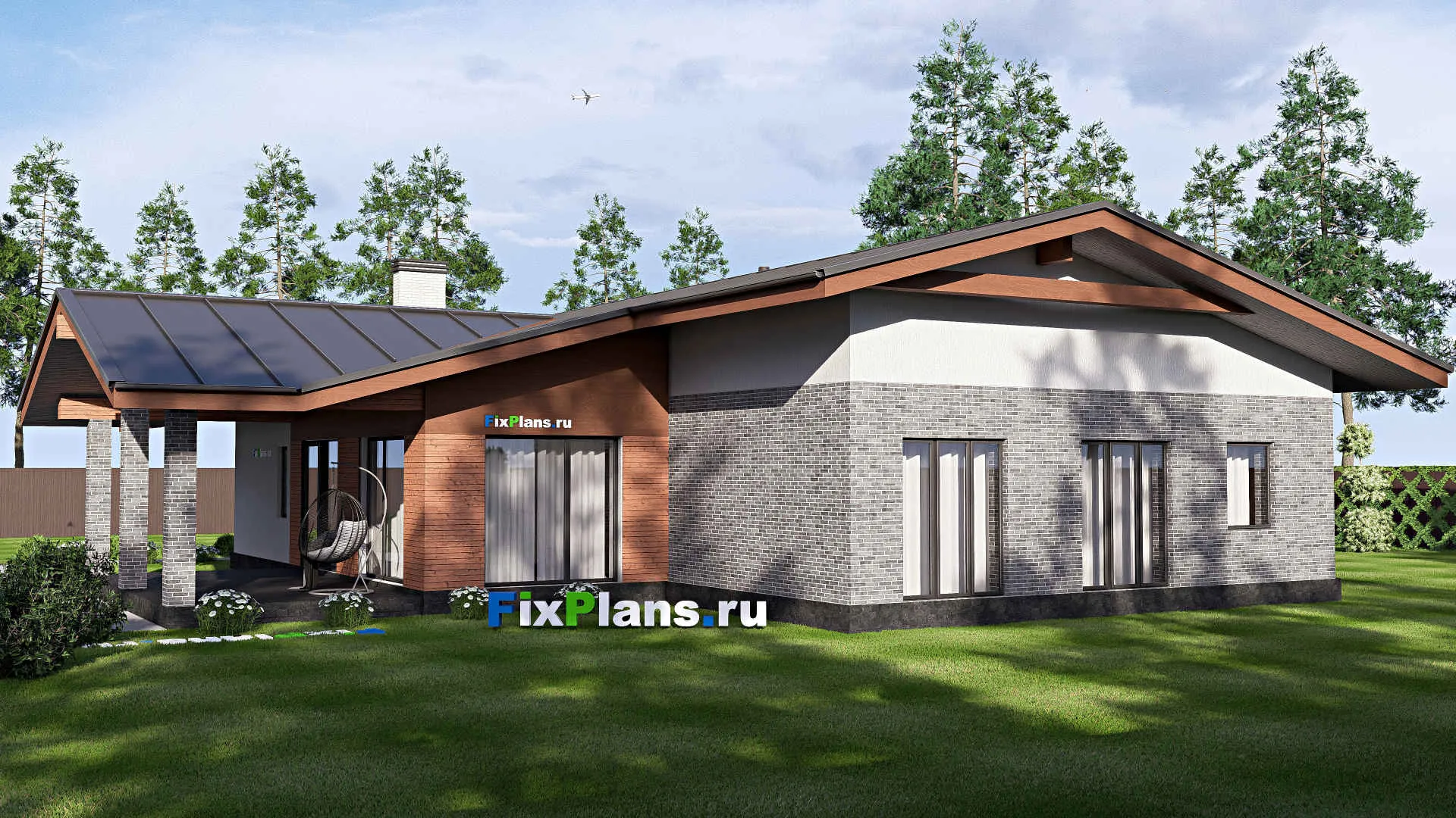 F-20798 - Проект одноэтажного дома 22 на 22, площадью 250 м² с террасой и 3 спальнями