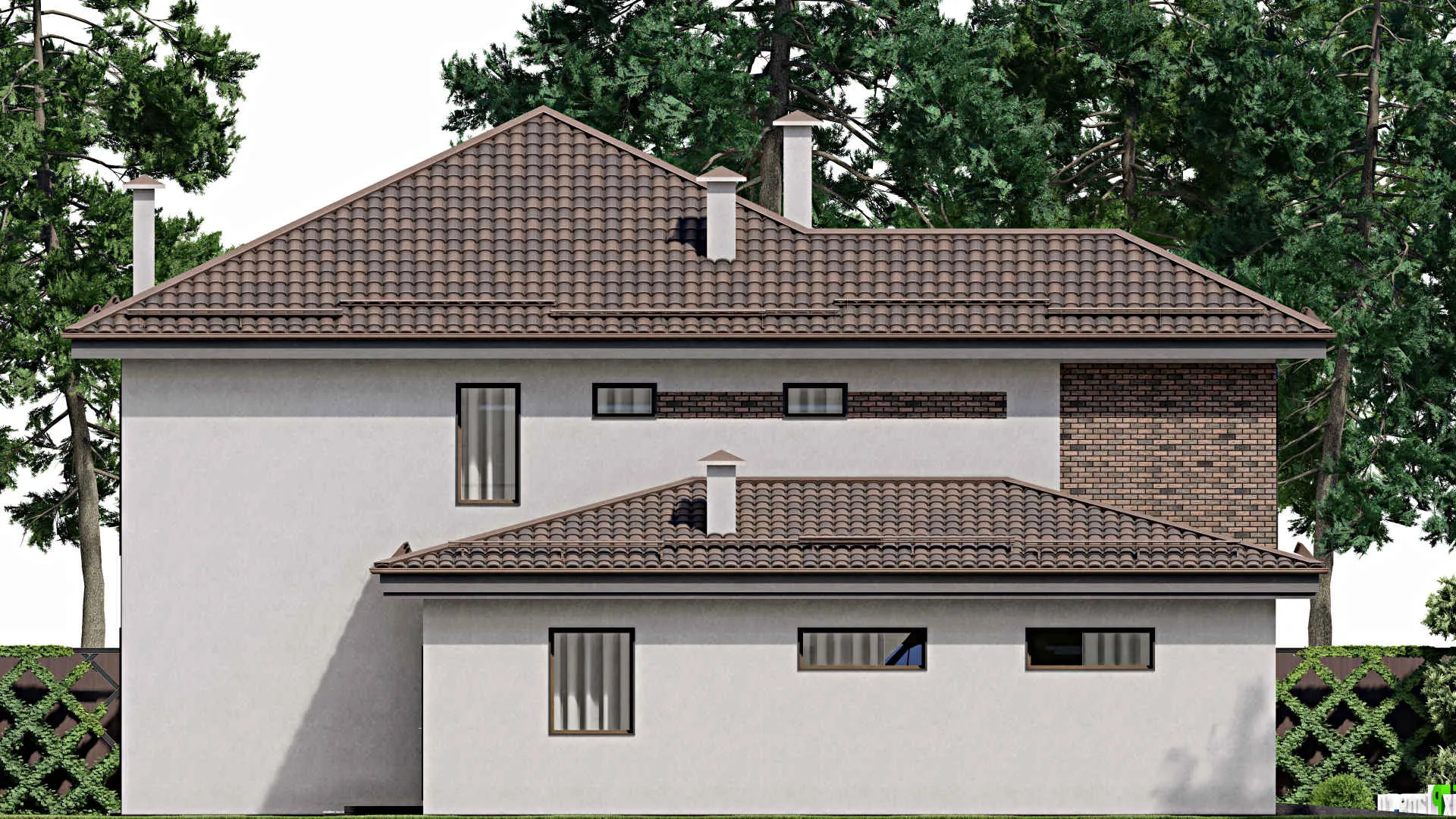 F-10277 - Проект двухэтажного дома 16 на 17, площадью 300 м² с террасой, балконом, баней, гаражом на 2 машины и 5 спальнями