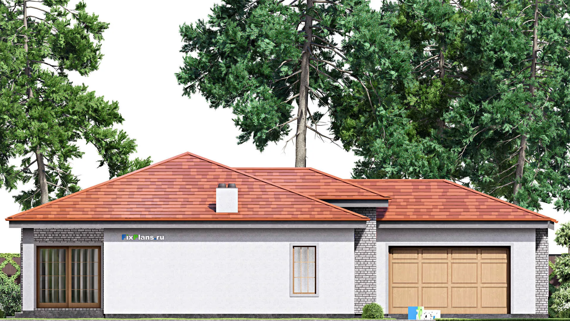 F-16865 - Проект одноэтажного дома 13 на 20, площадью 170 м² с террасой, гаражом на 2 машины и 2 спальнями