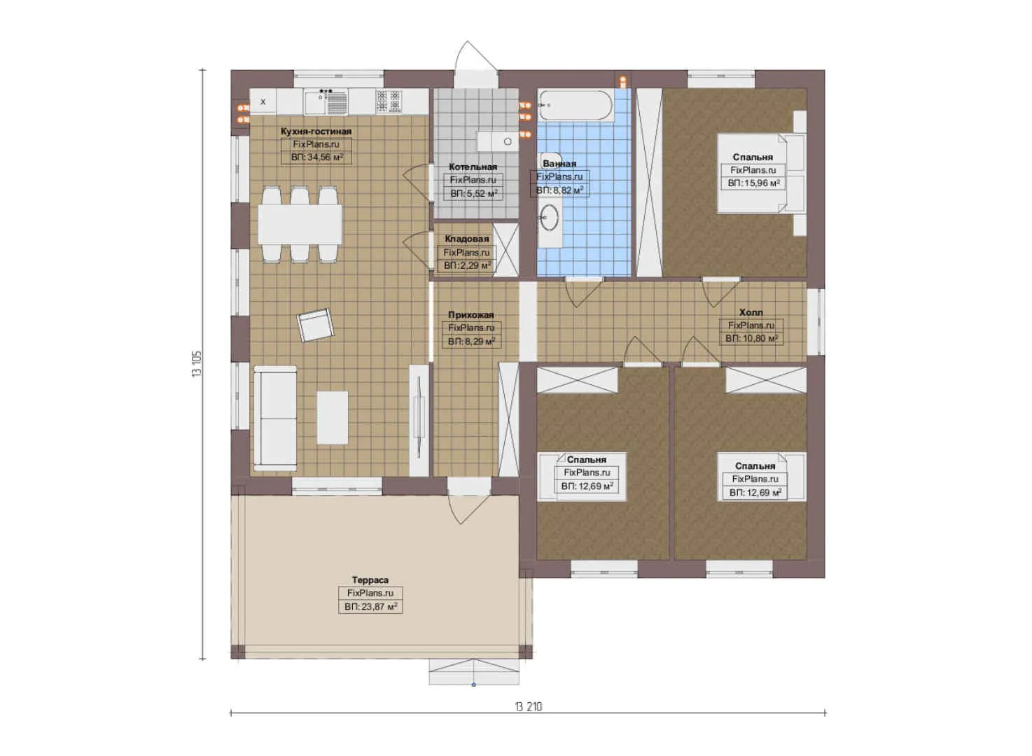 F-20294 - План одноэтажного дома 14 на 14, площадью 140 м² с террасой и 3 спальнями