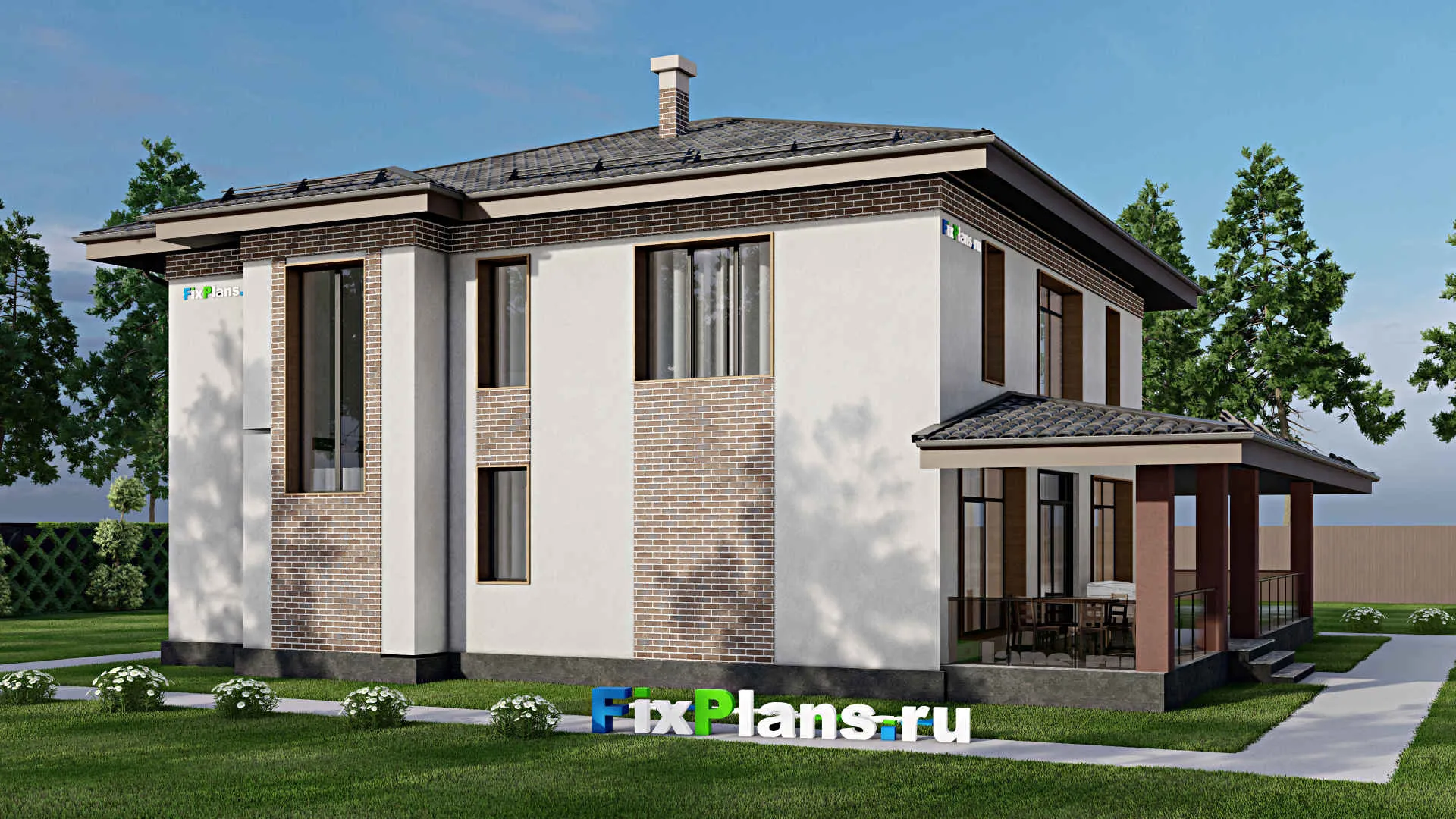 F-7352 - Планы двухэтажного дома 16 на 16, площадью 290 м² с террасой и 3 спальнями