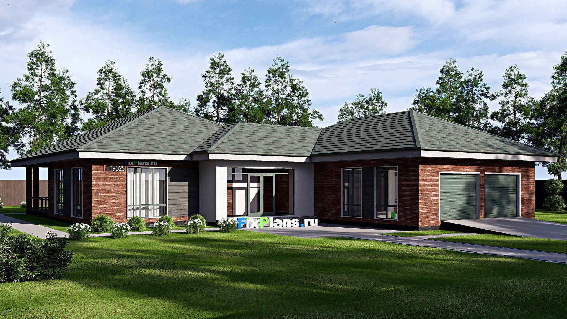 F-19025 - Проект одноэтажного дома 20 на 25, площадью 260 м² с террасой, гаражом на 2 машины и 2 спальнями